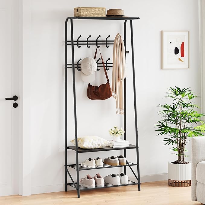 Jojoka 25" Coat Rack, Hall Tree with Shoe Bench and Storage, 4-Tier Shelf with 5 Hooks, Freestanding Metal Entryway Organizer for Hallway, Accent Furniture for Bathroom