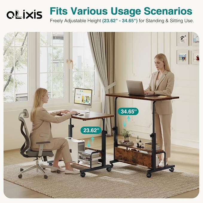 OLIXIS Rolling Desk, Storage Shelves, Laptop Table, Home Office | Height Adjustable Design, Computer Desks on Wheels, Portable for Small Spaces Use, Rustic Brown