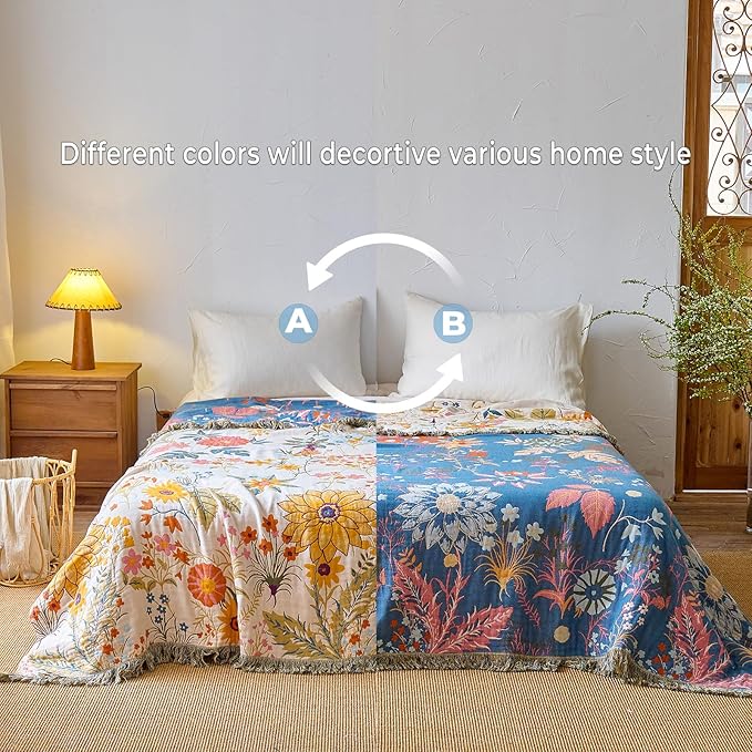 Boho Throw Blanket for Home Decor,Ultra Soft Spring Rustic Classic Quilt,100% Cotton Muslin Blankets for Adults, Reversible Woven Decorative Blanket for Bed Layering Use, Colorful Floral, 60"x80"