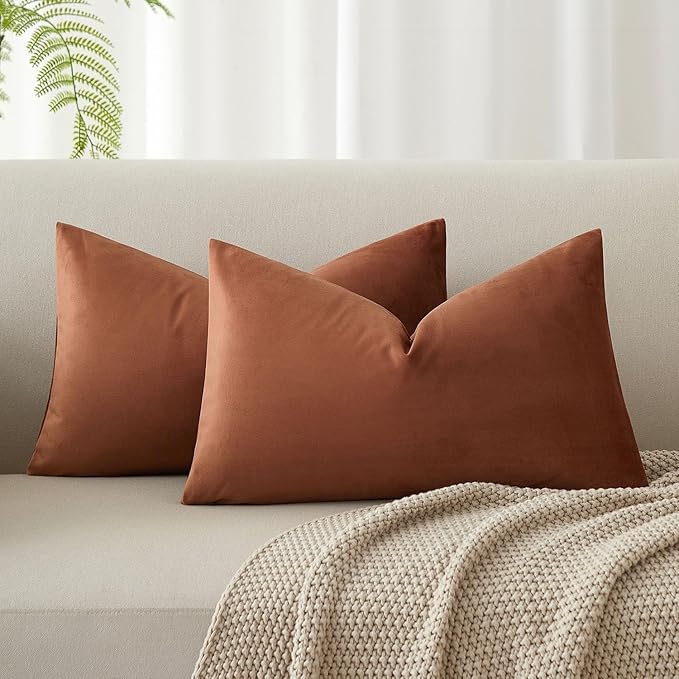 12x20 Lumbar Throw Pillow Covers Set of 2 for Couch Bed Sofa,Mocha Mousse | JUSPURBET Decorative Soft Velvet Cushion Covers with Invisible Zipper for Living Room Bedroom Home Decor