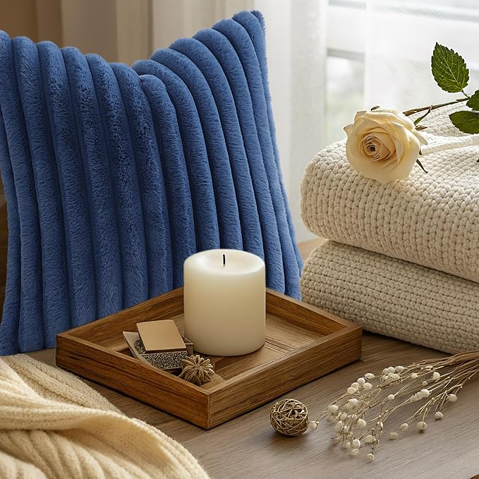 decorUhome Fall Faux Fur Throw Pillow Covers 12x12 Set of 2 Navy Blue | Decorative Soft Cozy Striped Plush Modern Farmhouse Boho Couch Pillow Cases Velvet Back for Sofa Bed Living Room Home Decor