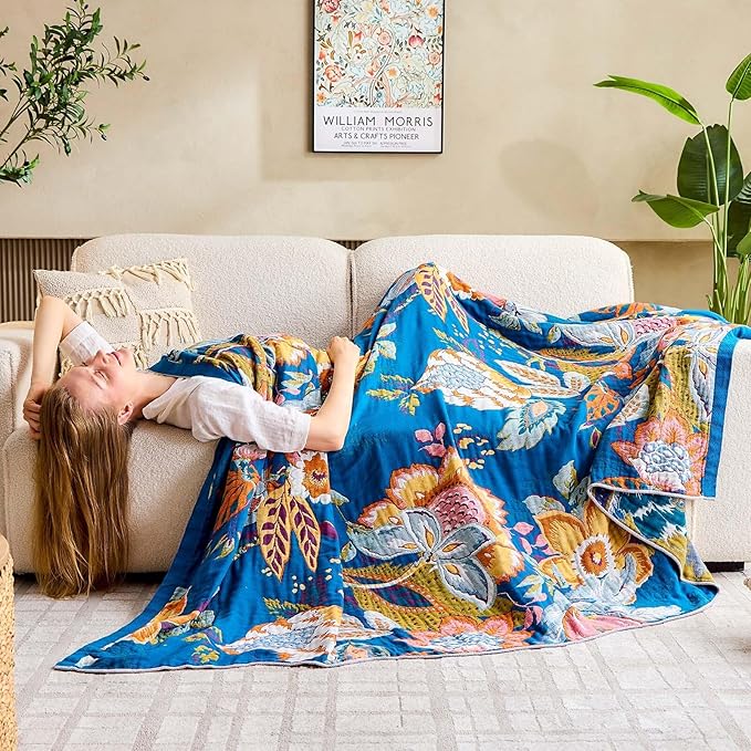XIBLC Boho Throw Blanket, Blue Lightweight Blankets for Summer, 100% Cotton Bohemian Decorative Throw Blanket, 50"x60" Reversible Muslin Breathable Woven Farmhouse Blankets Quilt,