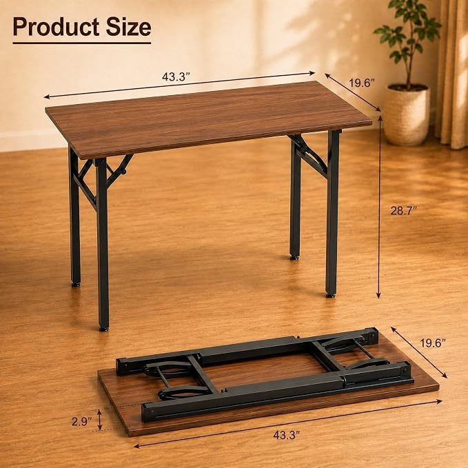 Folding Table Computer Desk - 43.3" No Assembly Folding Desk Design and Foldable Office Desk, Small Desk for Bedroom, Compact Storage Portable Use for Dorm and RV Small Space, Dark Walnut