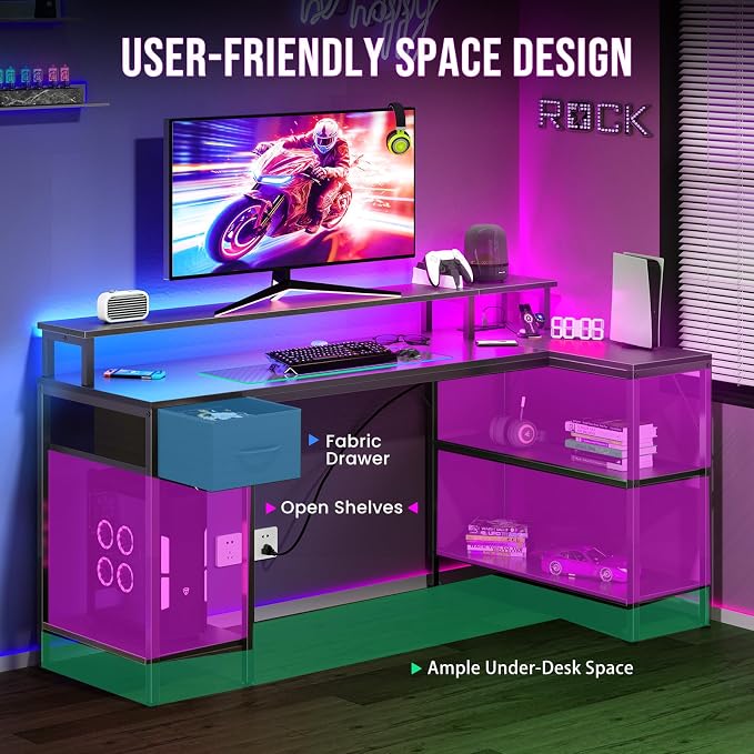 DUMOS 53 Inch Gaming Desk, L Shaped Desk, LED Lights | Monitor Stand, Storage Shelves, Computer Table, USB Charging Ports, Power Outlets, Small Spaces, Black