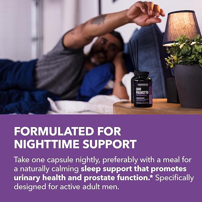 Saw Palmetto PM for Men with Melatonin 3mg - Night Time Prostate Health Supplement for Bladder and Sleep Support - Reduce Urinary Frequency - 100 Count - Vegan, Non-GMO Capsules - Over 3 Month Supply