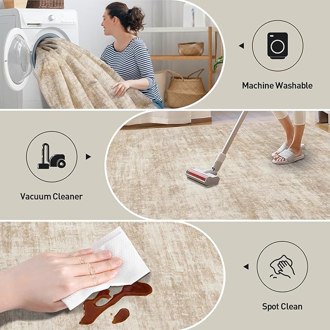 10x14 Area Rugs Washable Rug: Modern Abstract Living Room Rug Soft Anti-Skid Thin Carpet Indoor Floor Non-Shedding Carpets for Bedroom Dining Room Farmhouse Nursery Home Office Beige