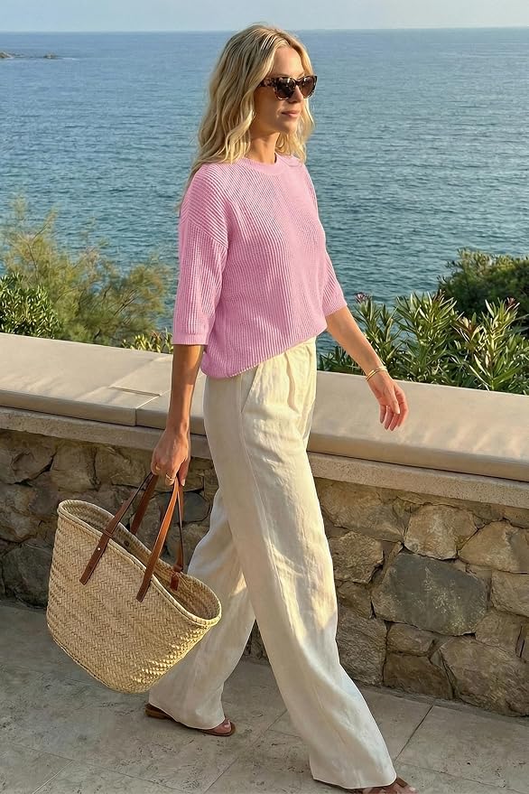 Arach&Cloz Womens Summer 100% Cotton Oversized Crochet Tops 3/4 Length Sleeve Sweater Hollow Out Casual Blouses 2026