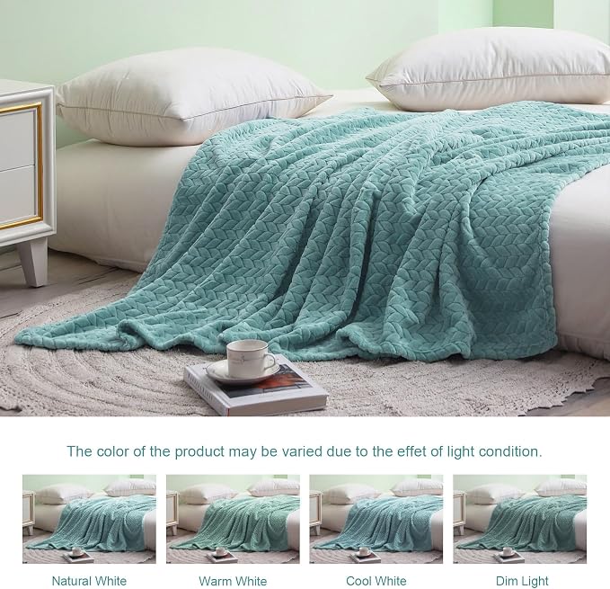 Exclusivo Mezcla Soft Fleece Bed Blanket Twin Size, 60”x80”, Celadon | Cozy Fluffy Lightweight Blankets for Summer, Decorative Plush Flannel Throws for Living room, Bedroom with Leaves Pattern