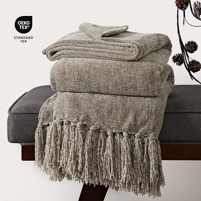 Chenille Knit Queen Blanket for Bed, 90"x90", Taupe | Super Soft Knit Throw with Tassels, Cozy, Decorative Farmhouse Plaid, Lightweight Blanket Queen Size for Couch Sofa Gift