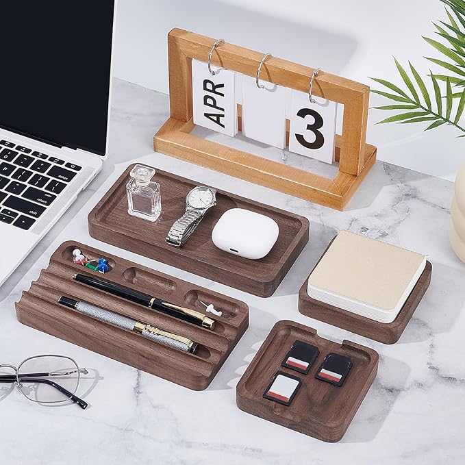4 Piece Wooden Desk Organizer Tray With Pen Holder, Walnut Wood Pencil Holder, Minimalist Desk Accessories, Mens Valet Tray Office Supplies, Stationery Pen Key Wallet Catchall Trays