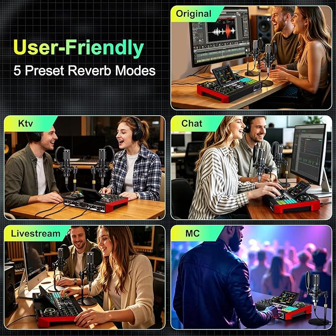 tenlamp G10 Podcast Equipment Bundle for 2 with Live Sound Board Audio Mixer - Two Condenser Mics, Voice Changer, Noise Reduction, for PC/Phone Streaming, Gaming, Singing, Podcast, Recording