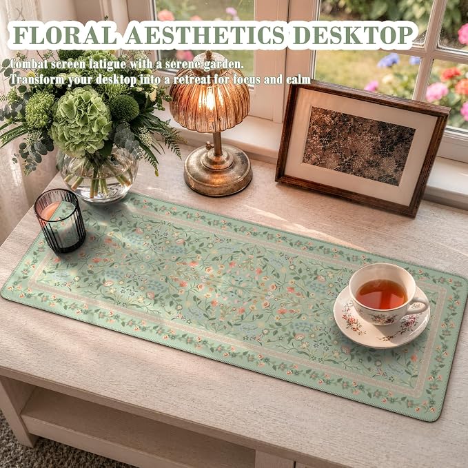 iCasso Aesthetic Floral Desk Mat,31.5x11.8in Mouse Pads,Light Green | Anti-Slip Mousepad with Stitched Edges, Waterproof Computer Pad, Desk Accessories Office Decor for Women