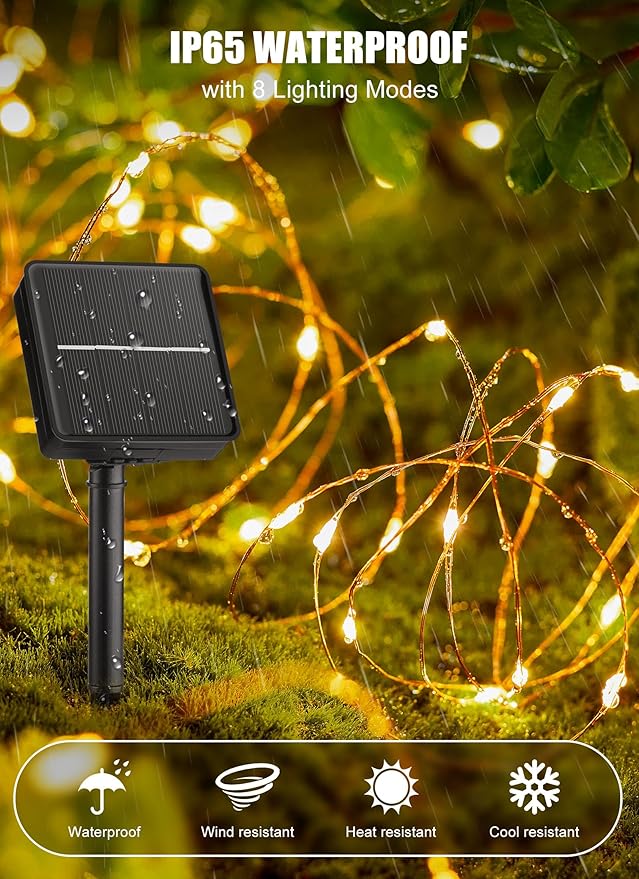 Brightown Solar String Lights, 2 Packs Total 66Ft 200 LED Solar Fairy Lights with 8 Modes, Waterproof Solar Lights for Outside Patio Yard Tree Wedding Christmas(Warm White)