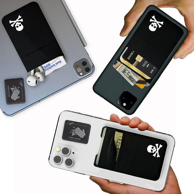 Gecko Travel Tech Double Pocket - Adhesive Card Holder - Cell Phone Pouch - Stick on Spandex Pocket - Carry Credit Cards and Cash - Skull