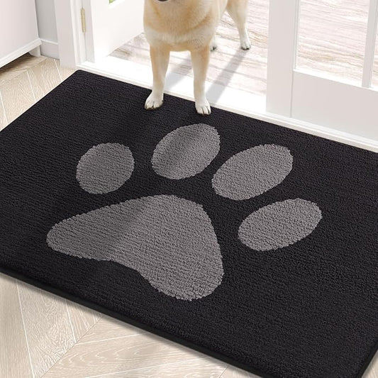 Buganda Dog Door Mat for Muddy Paws, Absorbent Dirt Trapper Non Slip Indoor Doormats, Washable Low-Profile Mat for Mud Dogs, Entryway Carpet for Inside Floor (30x20 Inches, Black and Grey)
