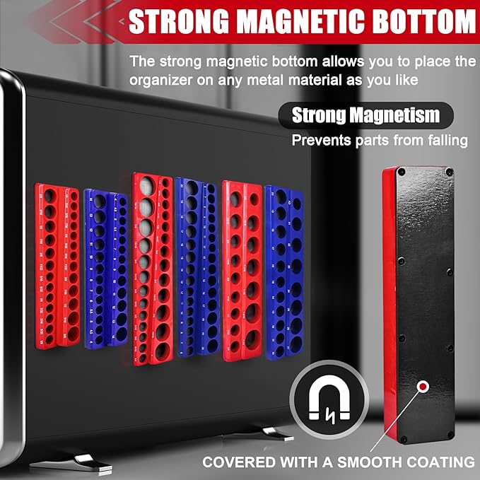 Magnetic Socket Organizer Holder 6-Piece (1/4 In, 3/8 In, 1/2 In Drive Metric SAE) Magnet Socket Rail Trays Storage Set Holds 143 Sockets for Tool Box Drawer