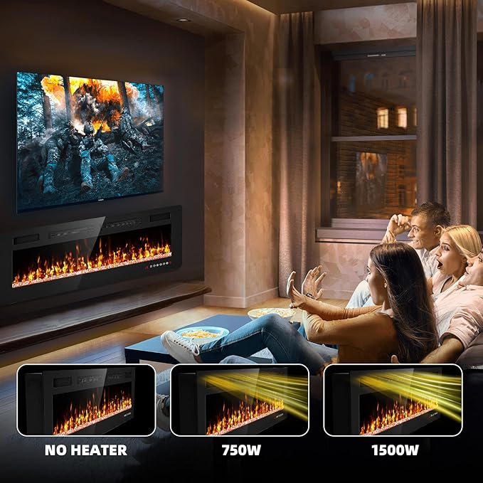50” Electric Fireplace Recessed and Wall Mounted Fire Places with Remote Control, Touch Screen