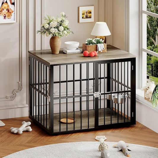 43 Inch Wooden Indoor Dog Crate Side Table, Furniture-Style Dog Kennel with Double Door Entry and Adjustable Built-in Food Bowls, Heavy-Duty Decorative Pet Cage for Medium and Large Dogs