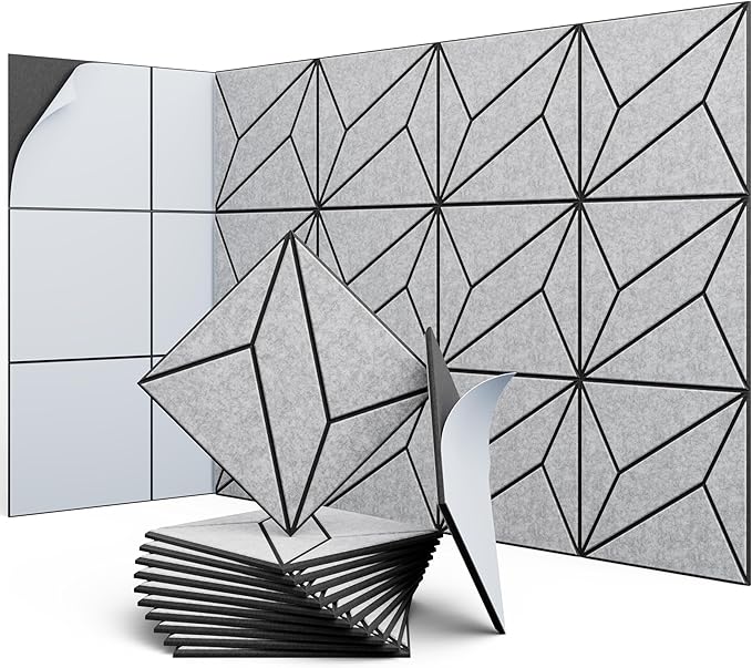 12 Pack 12" X 12" X 0.47" Acoustic Panels for Wall Sound Absorbing, Dual-Color P-Stripes Square Self-Adhesive Sound Panels, High Density Suitable for Multiple Scenarios(Black+SilverGray)