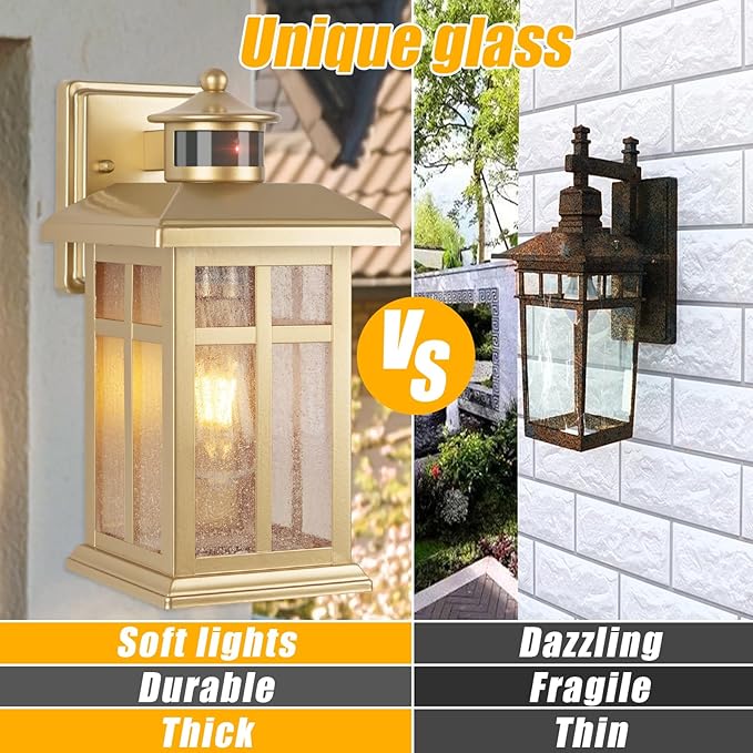 2-Pack Gold Exterior Motion Wall Sconces, Outdoor Waterproof Wall Light Fixtures Wall Mount, Dusk to Dawn Outside Lights for House with E26 Socket, Outside Lighting for Doorway, Garden, Home