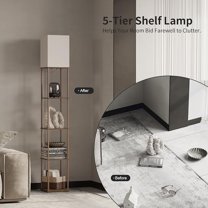 SUNMORY 5 Tier Floor Lamp with Shelves, Modern Square Standing Lamp with 3 Color Temperature Bulb, Corner Display Bookshelf Lamp for Living Room and Bedroom, Tall Shelf Floor Lamp Brown