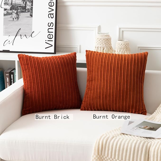 UGASA Fall Velvet 20x20 Inch Soft Throw Pillow Covers Decorative Corduroy Striped Both Sides Solid Square Cushion Cases Boho Farmhouse for Couch Bedroom Sofa Home, Pack of 2, Burnt Orange