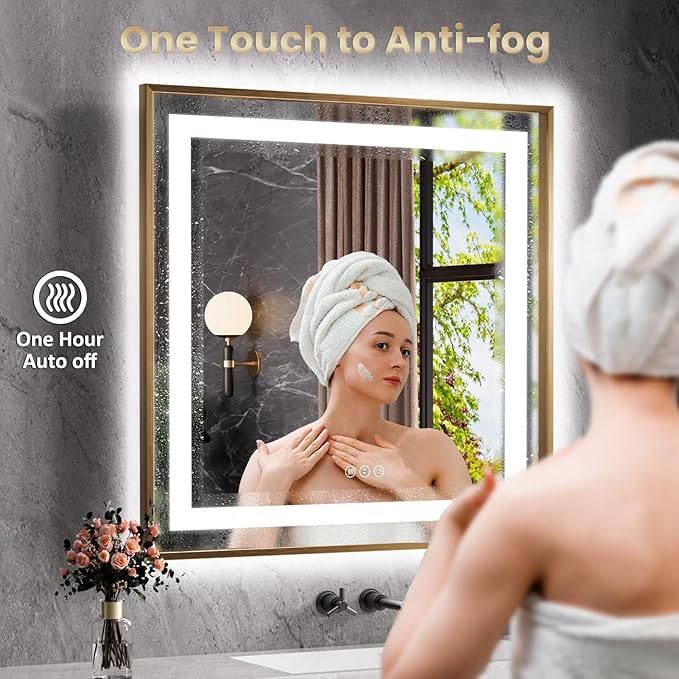 Amorho 60"x 40" LED Bathroom Mirror, Golden Metal Framed Mirror with Front Light and Backlit, Stepless Dimmable, Anti-Fog, Shatter-Proof, Memory, 3 Colors