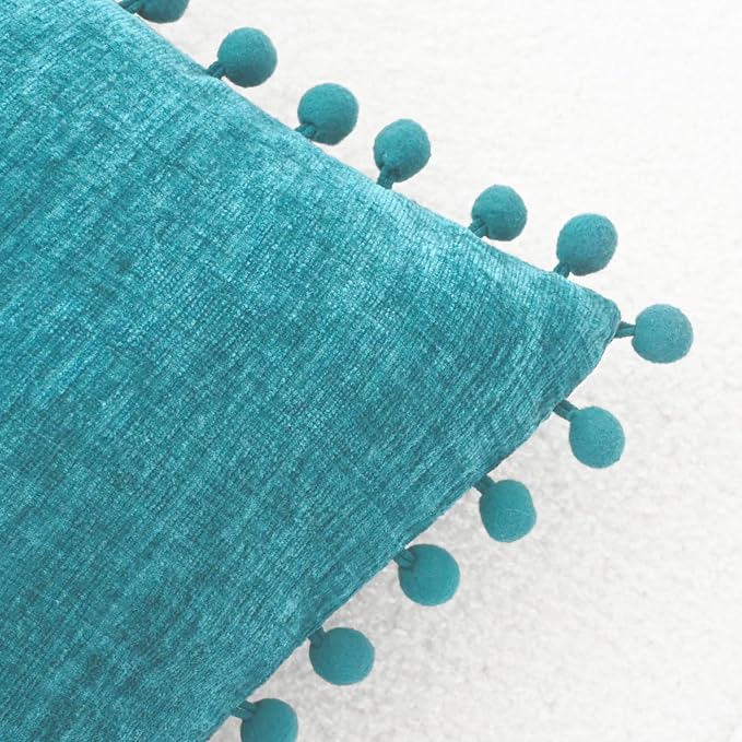 CaliTime Decorative Couch Throw Pillow Covers 18 X 18 Inches Lake Blue | Pack of 2, Cozy Chenille Cushion Cases, with Pom Poms for Sofa Bed Living Room Farmhouse Home