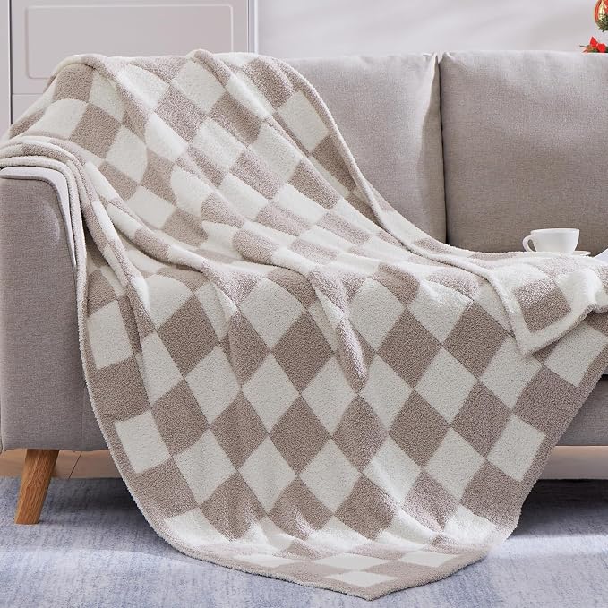 Soft Checkered Throw Blanket for Couch-Cozy Warm Knitted Blankets | Lightweight Warm Fluffy Decor for Women, Mom, Her & Girls, Sofa, Chair, Bed, 50x60in,Taupe
