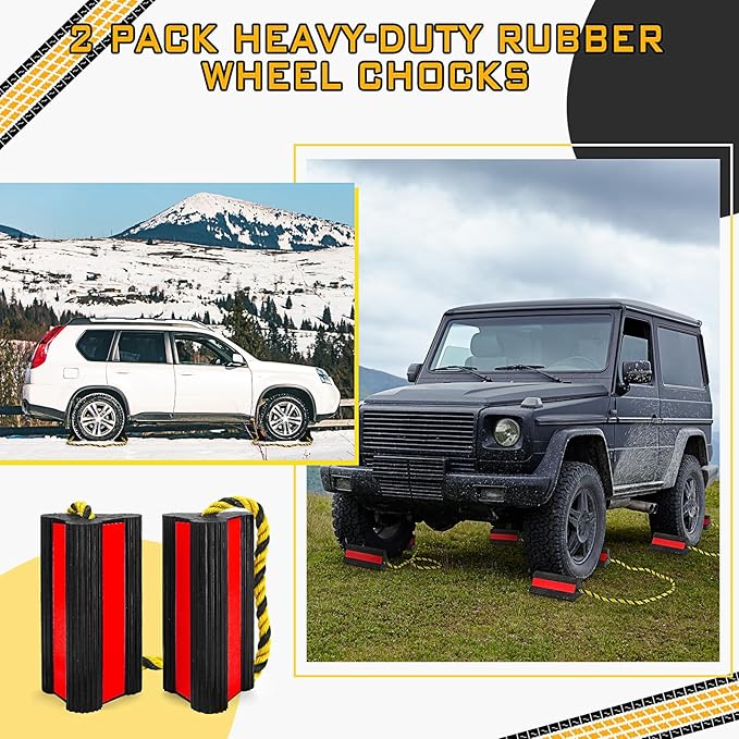 2 Pair Heavy Duty Wheel Chocks for RV Trailer, Rubber Wheel Stoppers, Dual Blocks Front and Back, Non Slip Tire Chock with Nylon Rope Reflective Tape for RVs Travel Trailers Car(Red)