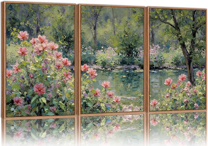 YeeHomedec Monet Botanical Framed Canvas Wall Art Set, Impressionist Floral Garden Wall Decor, Vintage Pond Tree Artwork, Nature Landscape Art Paintings for Living Room Bedroom Bathroom 24"x36"x3