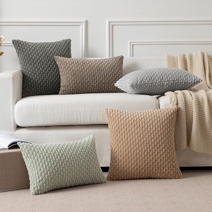 Kevin Textile Soft Corduroy 16"x26" Lumbar Pillow Cover 1 Pack, Light Grey | Boho Stripe Plush Corduroy Decorative Oblong Cushion Cover Modern Farmhouse Home Decor for Sofa Couch Bed Chair