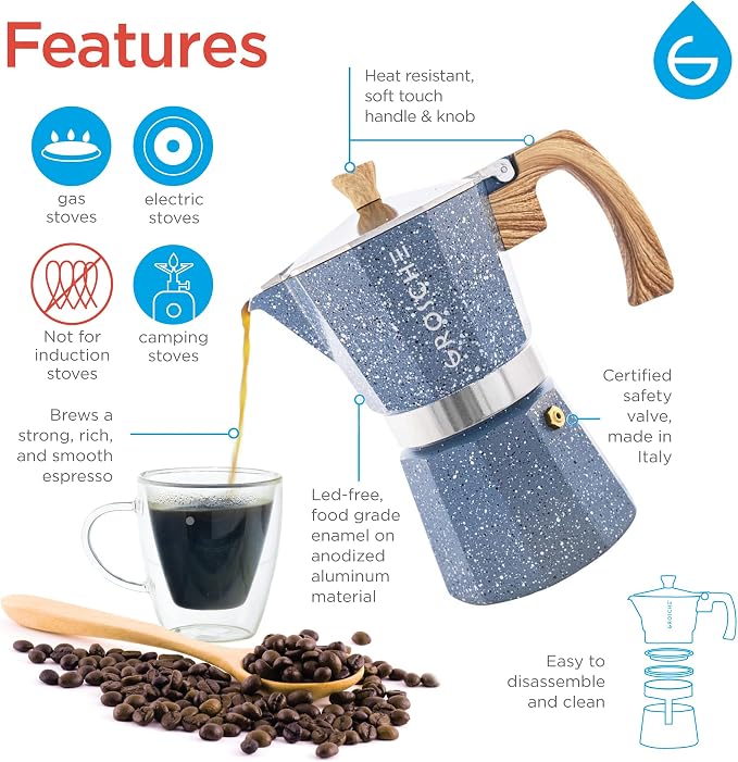 GROSCHE Milano Stovetop Espresso Maker Moka Pot 3 espresso Cup, 5 oz Indigo | Cuban Coffee Maker And Italian Moka Pot For Stovetop Espresso; For Gas, Electric, And Propane Stoves With A Soft-Touch Handle