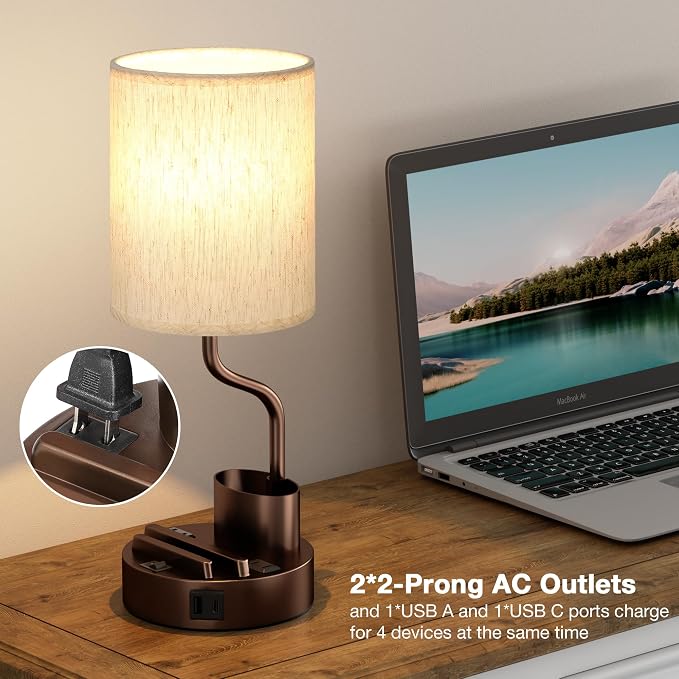 Fenmzee Bedside Lamps for Bedroom Set of 2 - Table Desk Lamp for Nightstand | 15" Table Lamp for Living Room with Pen Holder & Phone Stand, USB A+C Port, AC Outlet, 3 Color Temperature, LED Bulb Included