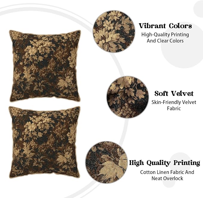 Neutral Flowers Dark Brown Soft Velvet Throw Pillow Covers Set of 2 Boho Vintage Abstract Floral Decorative Pillow Covers 16x16 Inch Retro Bohemian Pillow Case For Sofa Couch Farmhouse Home Decor