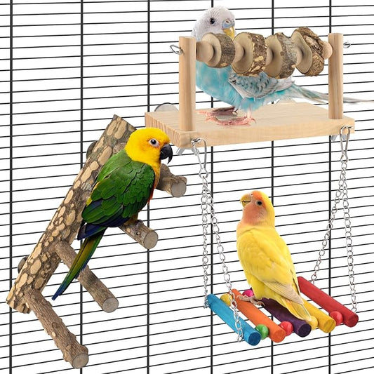 4 Pcs Bird Perch with Swing, Parrot Perches Platform with Chew Blocks, Natural Climbing Ladder Bridge Colorful Hammock for Budgies, Cockatiels, Lovebirds, Finches