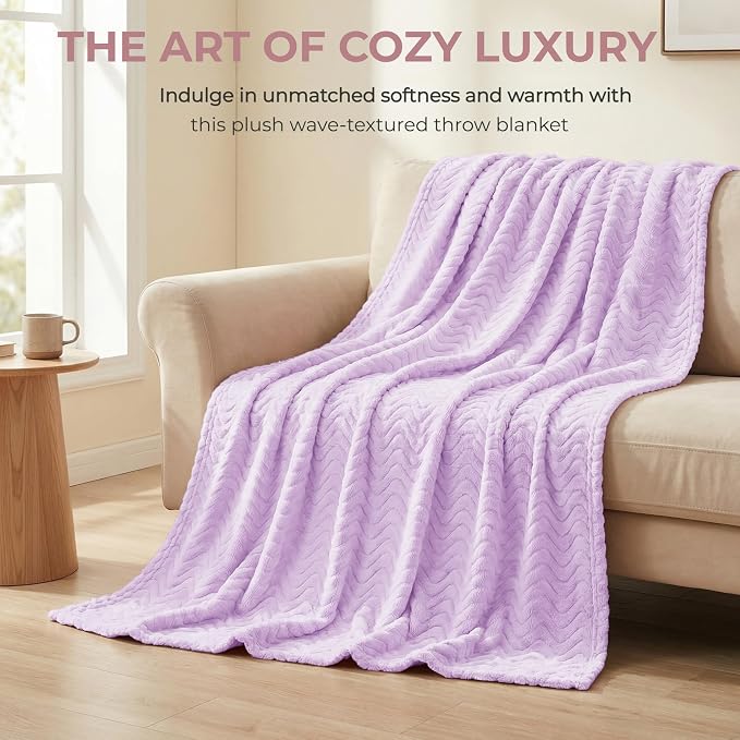Exclusivo Mezcla Soft Fleece Blanket Twin Size for Bed, Sofa, Lilac Purple | 90"x66" Breathable Lightweight Flannel Blanket for Summer, Plush Cozy Jacquard Wave for Home Decor