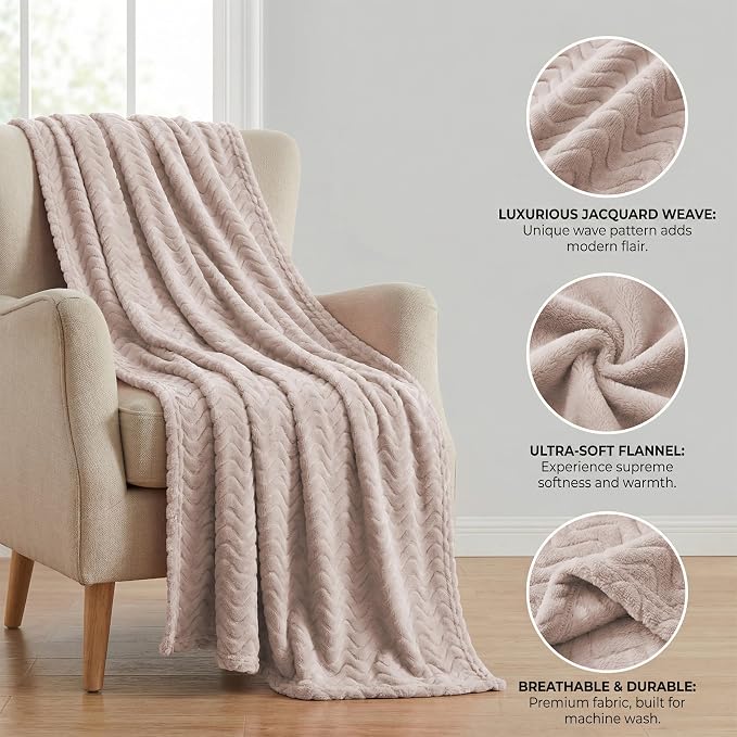 Exclusivo Mezcla Soft Fleece Blanket Twin Size for Bed, Sofa, Camel | 90"x66" Breathable Lightweight Flannel Blanket for Summer, Plush Cozy Jacquard Wave for Home Decor