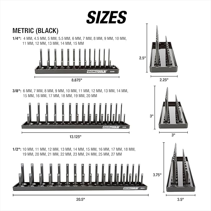 OEMTOOLS 22233 Tool Storage Organizer for SAE and Metric Socket, 6PC Socket Organizers for 1/4", 3/8", and 1/2" Drive Sockets, Optimize Toolbox Organization