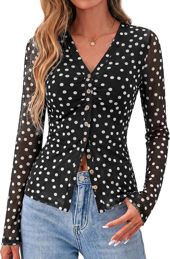 BTFBM Button Down Shirts for Women 2026 Fall Boho Tops V Neck Long Sleeve Blouses Ruched Mesh Fitted Fashion Clothing