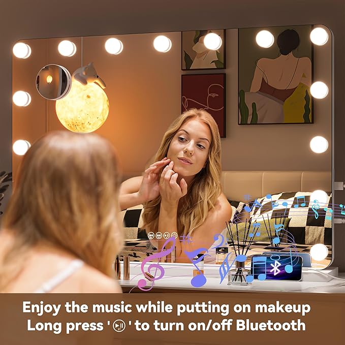 Hasipu LED Makeup Mirror with Bluetooth Speaker, 41" x 30" Makeup Mirror with Lights and Magnification, Hollywood Mirror with 3 Color Modes, LED Make up Mirror with USB & Type-C Charging