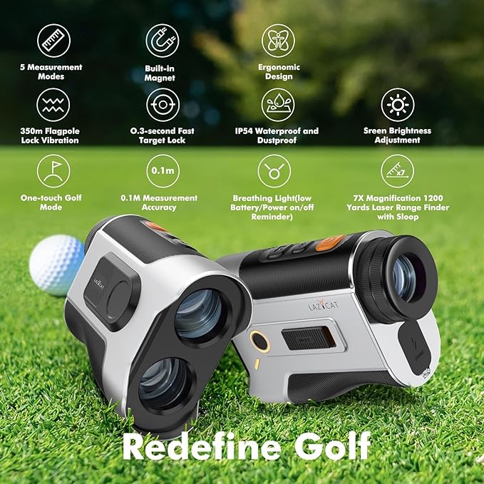 LAZYCAT Golf Rangefinder with Slope, 1200 Yards Laser Range Finder Golfing Dimmable, 7X Magnification, Flag Lock Vibration, Measure Speed, Rechargeable with Magnet
