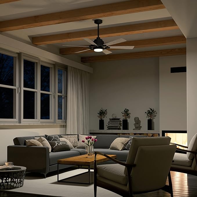 Kichler 52 Inch Gentry Lite LED Ceiling Fan and Etched Cased Opal Glass in Weathered Zinc with Weathered White Walnut Blades