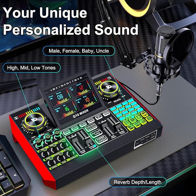 tenlamp Podcast Microphone Bundle with Live Sound Card Audio Mixer, Podcast Equipment Bundle with 3.5mm Boom Mic for Pc/Phone Live Streaming Singing Gaming, Sound Board with Voice Changer, Denoise