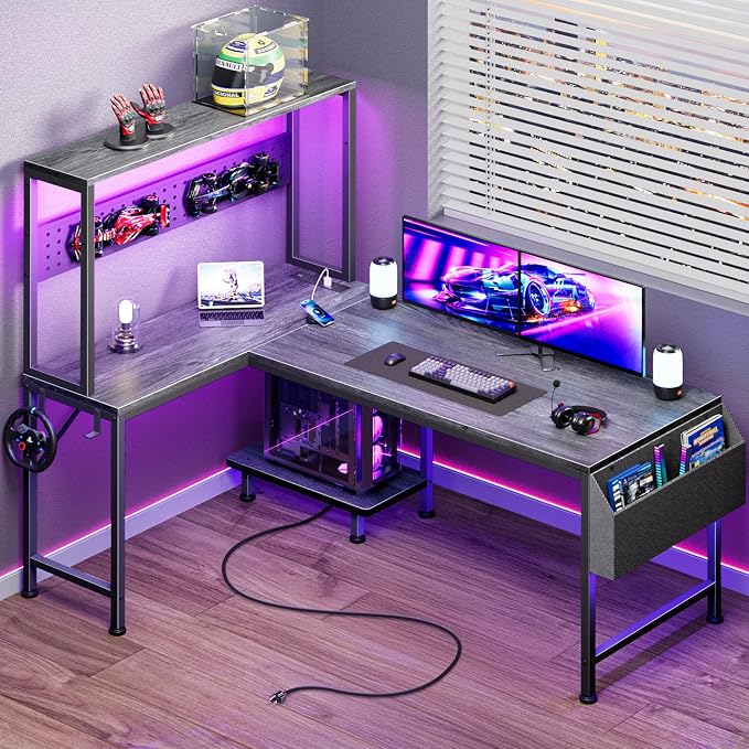 PRAISUN L Shaped Gaming Desk with LED Lights & Power Outlets, Reversible Computer Desk with Storage Shelves & Bag, Large Corner Home Office Desk with Pegboard for Work from Home, Grey