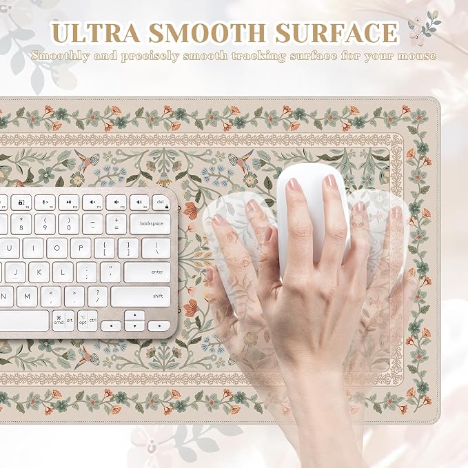 iCasso Aesthetic Flower Mouse Pad for Laptop, 23.6x13.7in Desk Pad, Beige | Desk Matt for Desktop,Anti-Slip Mousepad with Stitched Edges for Laptop Computer Keyboard