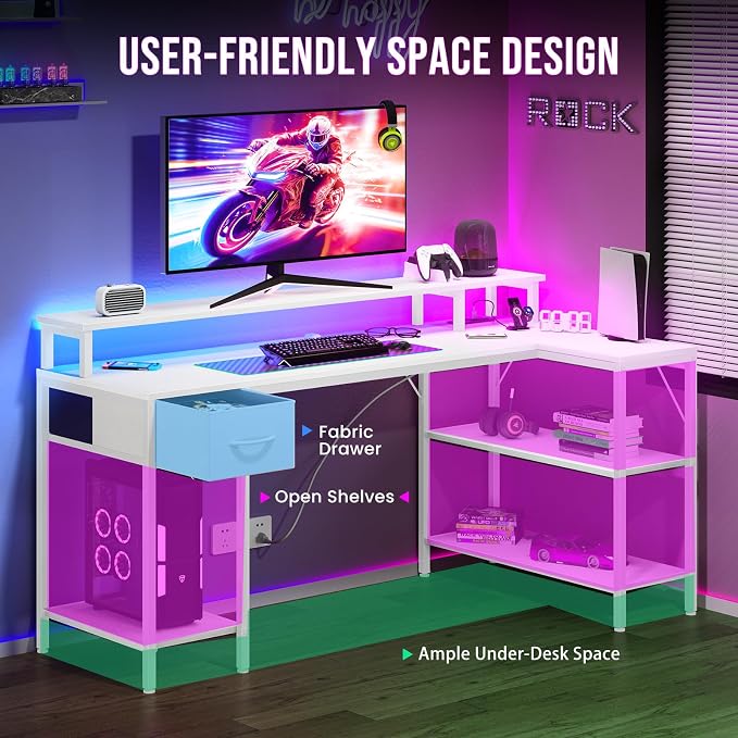 DUMOS 53 Inch Gaming Desk, L Shaped Desk, LED Lights | Monitor Stand, Storage Shelves, Computer Table, USB Charging Ports, Power Outlets, Small Spaces, White