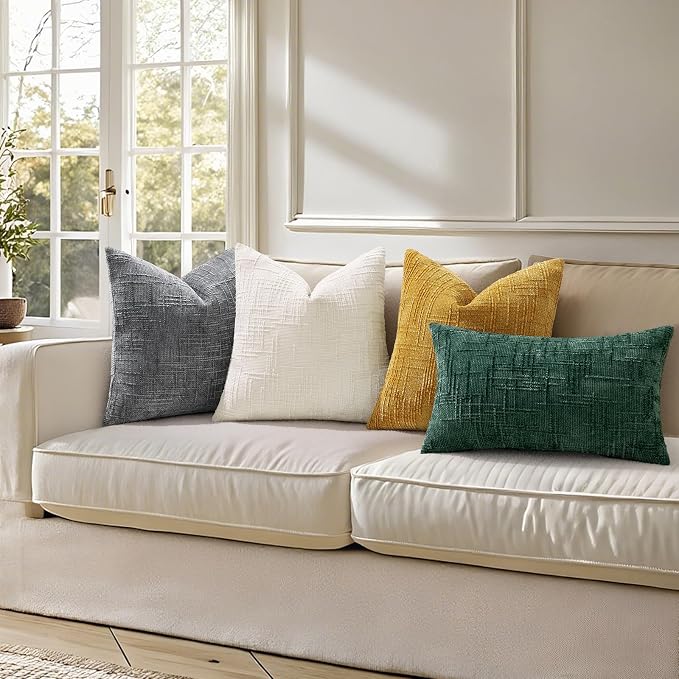 decorUhome Textured Chenille Throw Pillow Covers 24x24 Set of 2 Green | Fall Modern Farmhouse Soft Cozy Slubby Couch Pillow Cases Boho Decorative Pillow Cases for Bed Sofa Living Room Home Decor