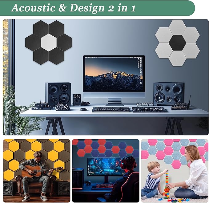 Hexagonal Acoustic Panels-12 Pack High-Density Sound Absorbing Panels 12"X10"X0.4" for Enhanced Noise Reduction, DIY Design, Idea for Studios, Offices, and Home Theaters(Lush Green)