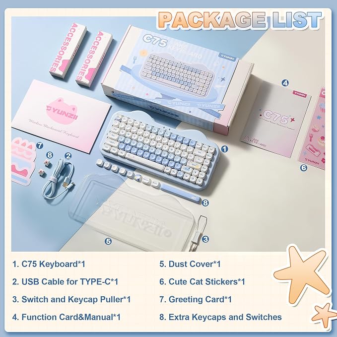 YUNZII C75 Cute 75% Wireless Mechanical Keyboard (Blue, Milk V2 Switch) | Creamy Cake Keyboard, BT5.0/2.4G/USB-C, Hot-Swap, NKRO, PBT MOA Keycaps,5500mAh RGB Gasket Mount for Mac/Win/Gaming/Office